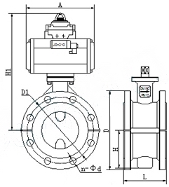 D641F46气动法兰衬氟蝶阀外形结构图 D641F46气动法兰衬氟蝶阀(图1)