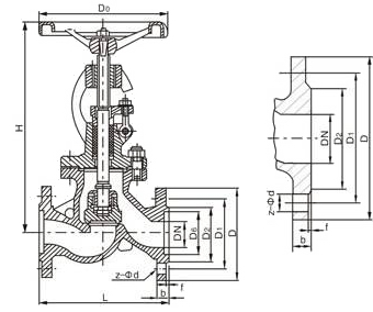 J41H手动截止阀外形结构图 J41H手动截止阀(图1)